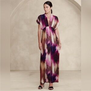Banana Republic Ana Pleated Pleated Maxi Dress Watercolor Abstract Size M